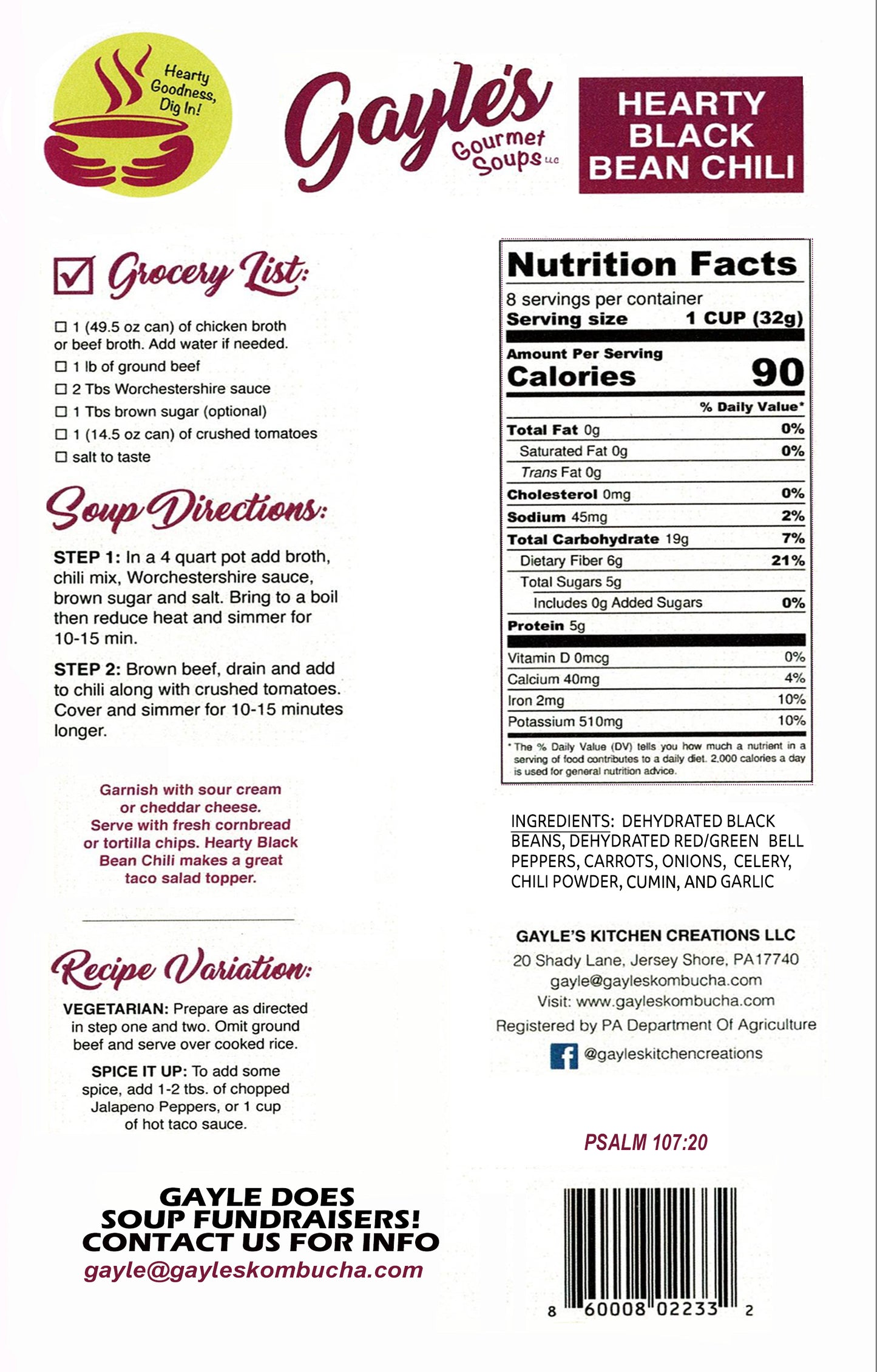 Hearty Black Bean Chili - Gayle's Gourmet Soups
